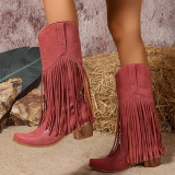 Wine Red PU Fringed Trim Slip-on Pointed Thick Heel Mid-Calf knight boots