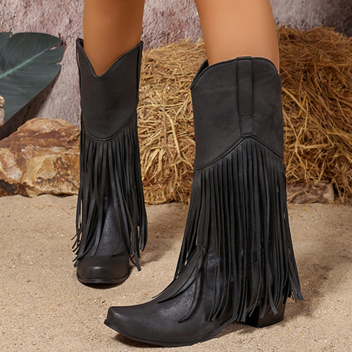 Wine Red PU Fringed Trim Slip-on Pointed Thick Heel Mid-Calf knight boots