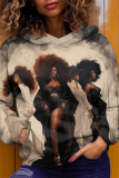 Off-white Casual Map of Africa Girl Print Draw String Hooded Collar Long Sleeve Fall Winter Sweatshirts Tops