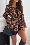 Leopard Print Office Lady Casual Lace Up Belted Turn-back Collar Long Sleeve Blazer Suits