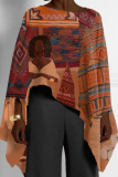Army Green Casual Africa Girl Print Round Neck Long Sleeve High Low Loose Fall Winter Blouses Tops Cape