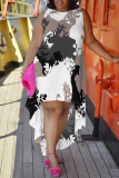 Black Floral Print Sleeveless O Neck Irregular Hem with Trailing Casual Outing Plus Size Straight Loose Midi Dress