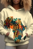 Off-white Casual Map of Africa Girl Print Draw String Hooded Collar Long Sleeve Fall Winter Sweatshirts Tops