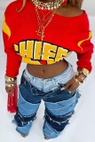 Red Casual Letters Contrast Round Neck Long Sleeve Fall Winter Knitting Short Sweater Tops