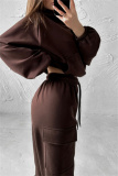 Brown Sportwear Casual Hooded Long Sleeve Sweatshirt and Cargo Sweatpants Fall Winter Two Pieces Sweatsuits Sets