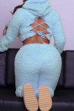 Grey Casual Wool Lace Up Cross Straps Backless Hooded Long Sleeve Sweatshirt and Pencil Pants Fall Winter Two Pieces Sets