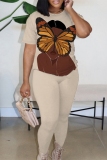 Yellow Blue African Girl Print Round Neck Short Sleeve T-shirt and Pencil Pants Two Pieces Matching Sets