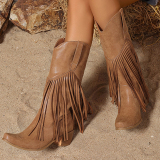Wine Red PU Fringed Trim Slip-on Pointed Thick Heel Mid-Calf knight boots