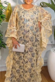 Yellow African Froaml Gauze Contrast Ruffled Trim Round Neck Long Bat-wing Sleeve Robe and Vest Dress Two Pieces Sets