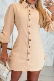 Apricot Turndown Collar Long Sleeve Lace Up Buttons Vacation Formal Office Casual Shirt Mini Dresses