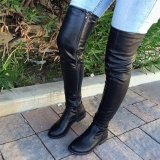 Black PU Leather Fall Winter Round Toe Over the Knee Shoes Low Heel Boots