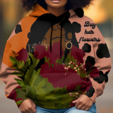 Black Casual Africa Girl Print Contrast Draw String Hooded Collar Long Sleeve Fall Winter Sweatshirts Tops
