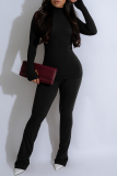 Black Skinny Casual Round Neck Long Sleeve T-shirt and Belted Pencil Pants Two Pieces Matching Sets