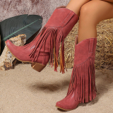 Wine Red PU Fringed Trim Slip-on Pointed Thick Heel Mid-Calf knight boots