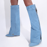 Blue Casual Daily Pointed Zip-up Denim Knee Length Leg Thin High Heel Boots Shoes