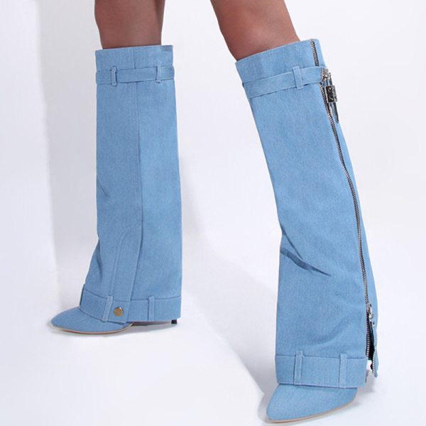 Blue Casual Daily Pointed Zip-up Denim Knee Length Leg Thin High Heel Boots Shoes