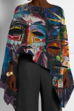 Orange Casual Africa Girl Print Round Neck Long Sleeve High Low Loose Fall Winter Blouses Tops Capes