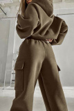Brown Sportwear Casual Hooded Long Sleeve Sweatshirt and Cargo Sweatpants Fall Winter Two Pieces Sweatsuits Sets