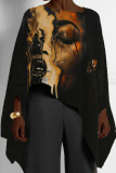 Orange Casual Africa Girl Print Round Neck Long Sleeve High Low Loose Fall Winter Blouses Tops Capes