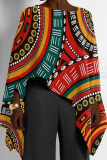 Orange Casual Africa Girl Print Round Neck Long Sleeve High Low Loose Fall Winter Blouses Tops Capes