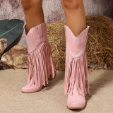 Wine Red PU Fringed Trim Slip-on Pointed Thick Heel Mid-Calf knight boots