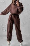 Brown Sportwear Casual Hooded Long Sleeve Sweatshirt and Cargo Sweatpants Fall Winter Two Pieces Sweatsuits Sets