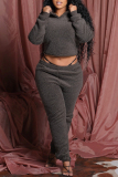 Grey Casual Wool Lace Up Cross Straps Backless Hooded Long Sleeve Sweatshirt and Pencil Pants Fall Winter Two Pieces Sets