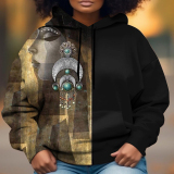 Black Casual Africa Girl Print Contrast Draw String Hooded Collar Long Sleeve Fall Winter Sweatshirts Tops