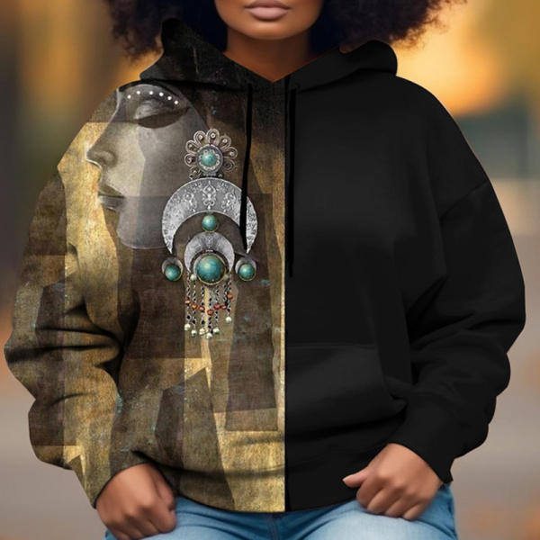 Black Casual Africa Girl Print Contrast Draw String Hooded Collar Long Sleeve Fall Winter Sweatshirts Tops