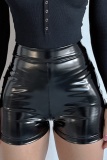 Leopard Party Club Casual Solid Color Skinny High Waist Shiny PU Leather Shorts