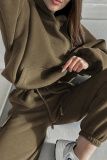 Brown Sportwear Casual Hooded Long Sleeve Sweatshirt and Cargo Sweatpants Fall Winter Two Pieces Sweatsuits Sets