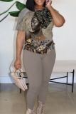Yellow Blue African Girl Print Round Neck Short Sleeve T-shirt and Pencil Pants Two Pieces Matching Sets