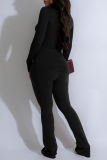 Black Skinny Casual Round Neck Long Sleeve T-shirt and Belted Pencil Pants Two Pieces Matching Sets