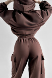 Brown Sportwear Casual Hooded Long Sleeve Sweatshirt and Cargo Sweatpants Fall Winter Two Pieces Sweatsuits Sets