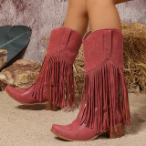 Wine Red PU Fringed Trim Slip-on Pointed Thick Heel Mid-Calf knight boots