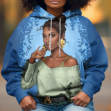 Black Casual Africa Girl Print Contrast Draw String Hooded Collar Long Sleeve Fall Winter Sweatshirts Tops