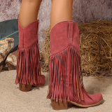 Wine Red PU Fringed Trim Slip-on Pointed Thick Heel Mid-Calf knight boots