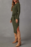 Casual Long Sleeve V-Neck Slit Strap Design Wrapped Skirt With Belt Casual Outings Sweater Bodycon Knit Maxi Dress