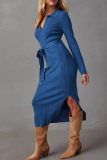 Casual Long Sleeve V-Neck Slit Strap Design Wrapped Skirt With Belt Casual Outings Sweater Bodycon Knit Maxi Dress