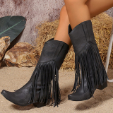 Wine Red PU Fringed Trim Slip-on Pointed Thick Heel Mid-Calf knight boots