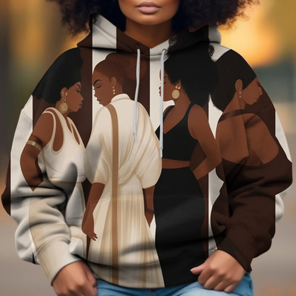 Off-white Casual Figure Africa Girl Print Draw String Hooded Collar Long Sleeve Fall Winter Sweatshirts Tops
