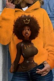 Multicolor Casual Figure African Girl Print Draw String Hooded Collar Long Sleeve Fall Winter Sweatshirts Tops