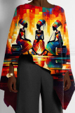 Orange Casual Africa Girl Print Round Neck Long Sleeve High Low Loose Fall Winter Blouses Tops Capes
