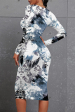 Light Blue Casual Striped Print Tie Dye O Neck Long Sleeve Bodycon Midi Dresses