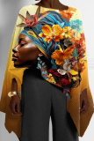 Orange Casual Africa Girl Print Round Neck Long Sleeve High Low Loose Fall Winter Blouses Tops Capes