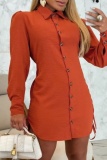 Apricot Turndown Collar Long Sleeve Lace Up Buttons Vacation Formal Office Casual Shirt Mini Dresses