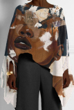 Army Green Casual Africa Girl Print Round Neck Long Sleeve High Low Loose Fall Winter Blouses Tops Cape