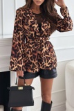 Leopard Print Office Lady Casual Lace Up Belted Turn-back Collar Long Sleeve Blazer Suits