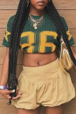 Green Mesh Casual Loose Figure Print Round Neck Short Sleeve Sweater T-Shirts Tops