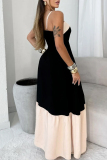 Black Sleeveless Backless Contrast Square Neck Ruffle Hem Vacation Maxi Slip Dresses